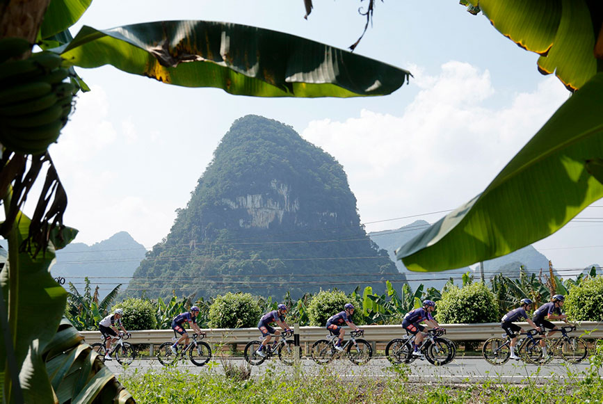 The tropical vegetation and landscape at the 2026 Tour of Guangxi .	