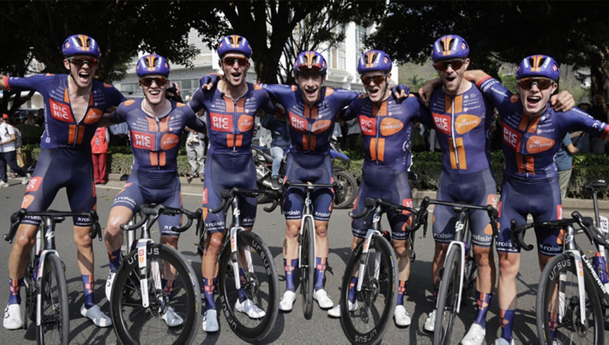 Team Picnic PostNL after Stage 2 win at the 2026 Tour of Guangxi.	
